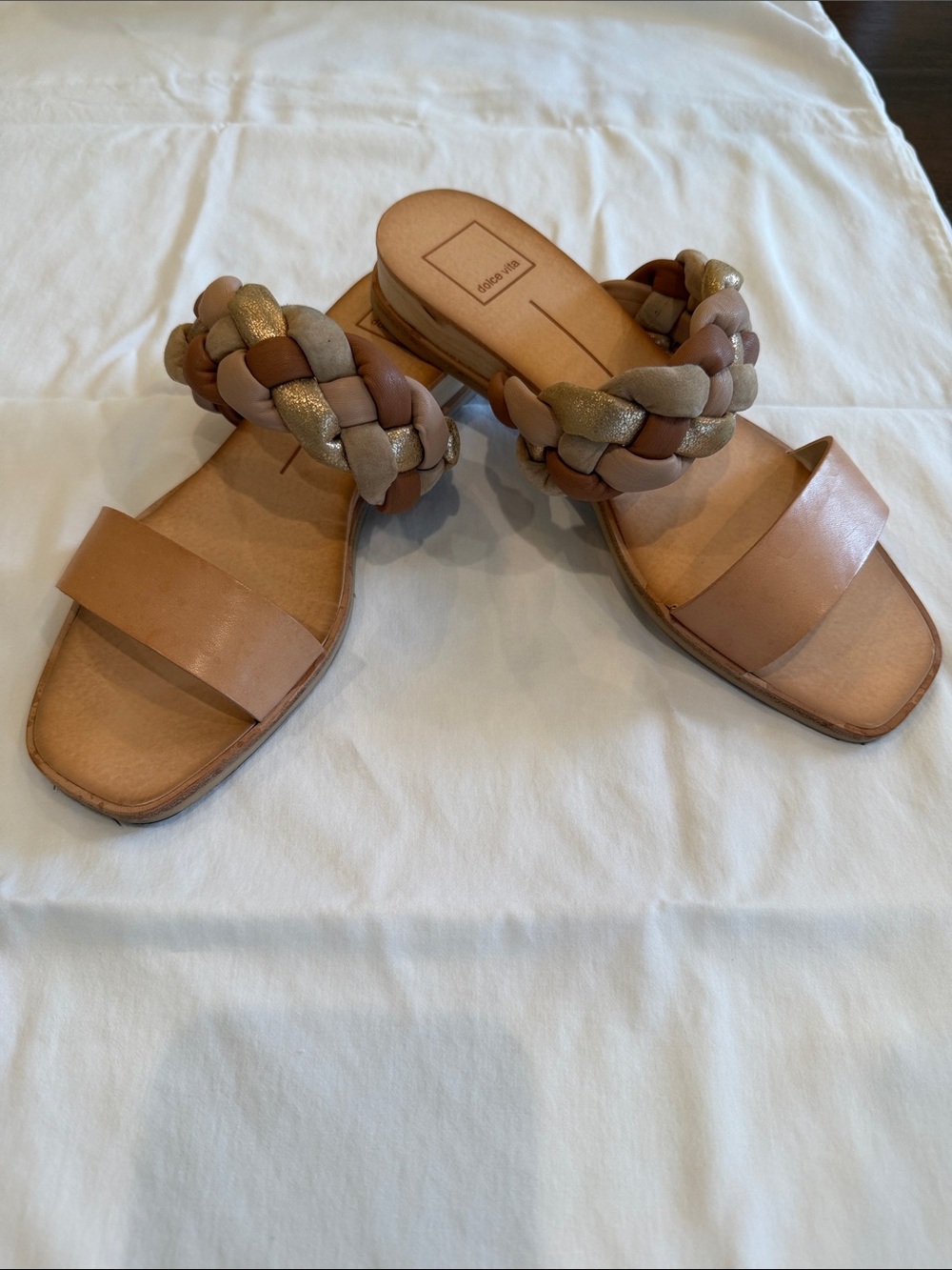 Dolce Vita Tan, Gold & Beige Braided Slide Sandals